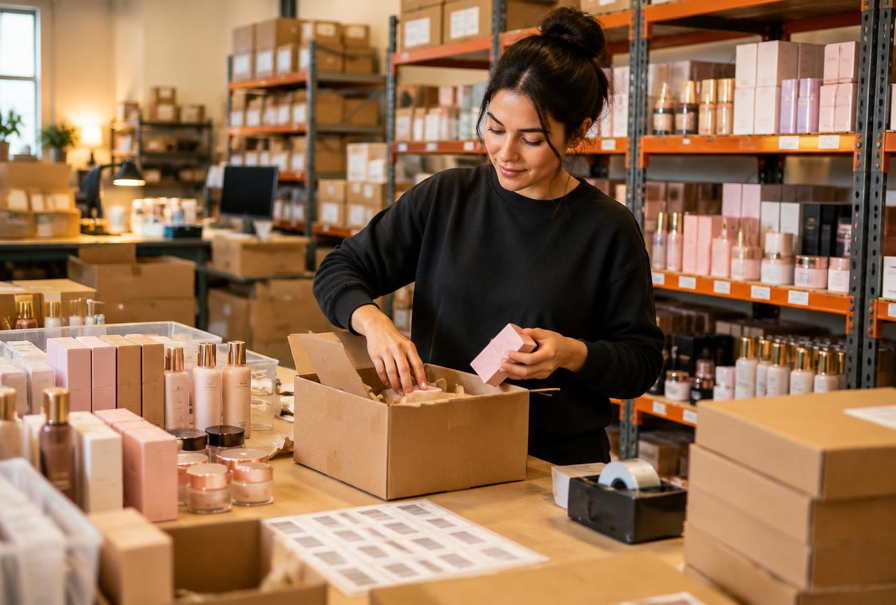 Separação e embalagem de pedidos de cosméticos em estoque